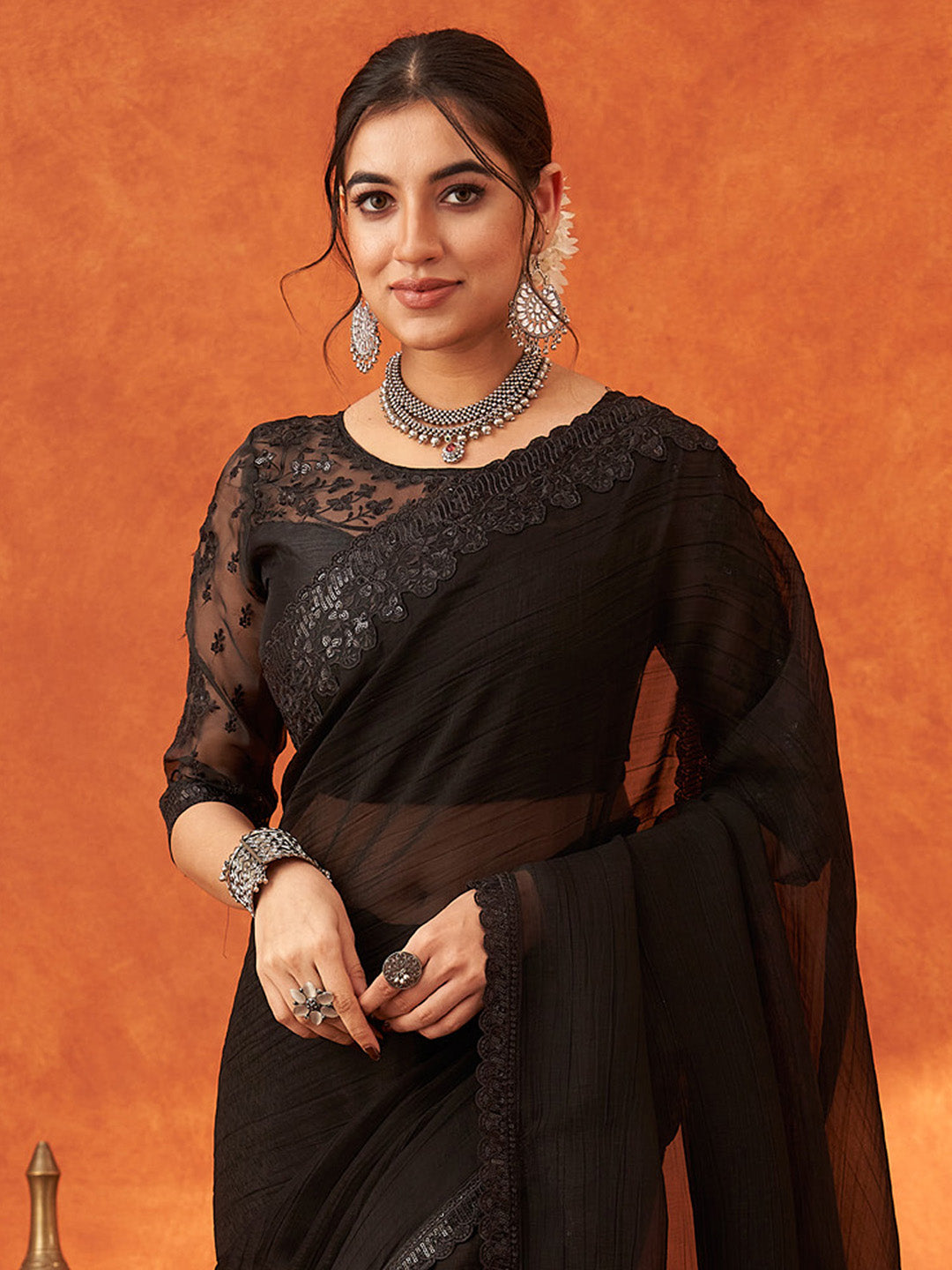 Women's Chiffon Black Embellished Designer Saree With Blouse Piece