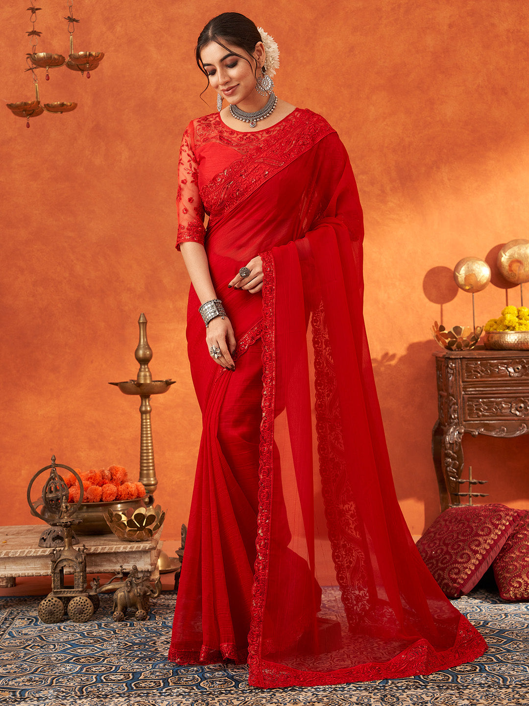 Women's Chiffon Red Embellished Designer Saree With Blouse Piece