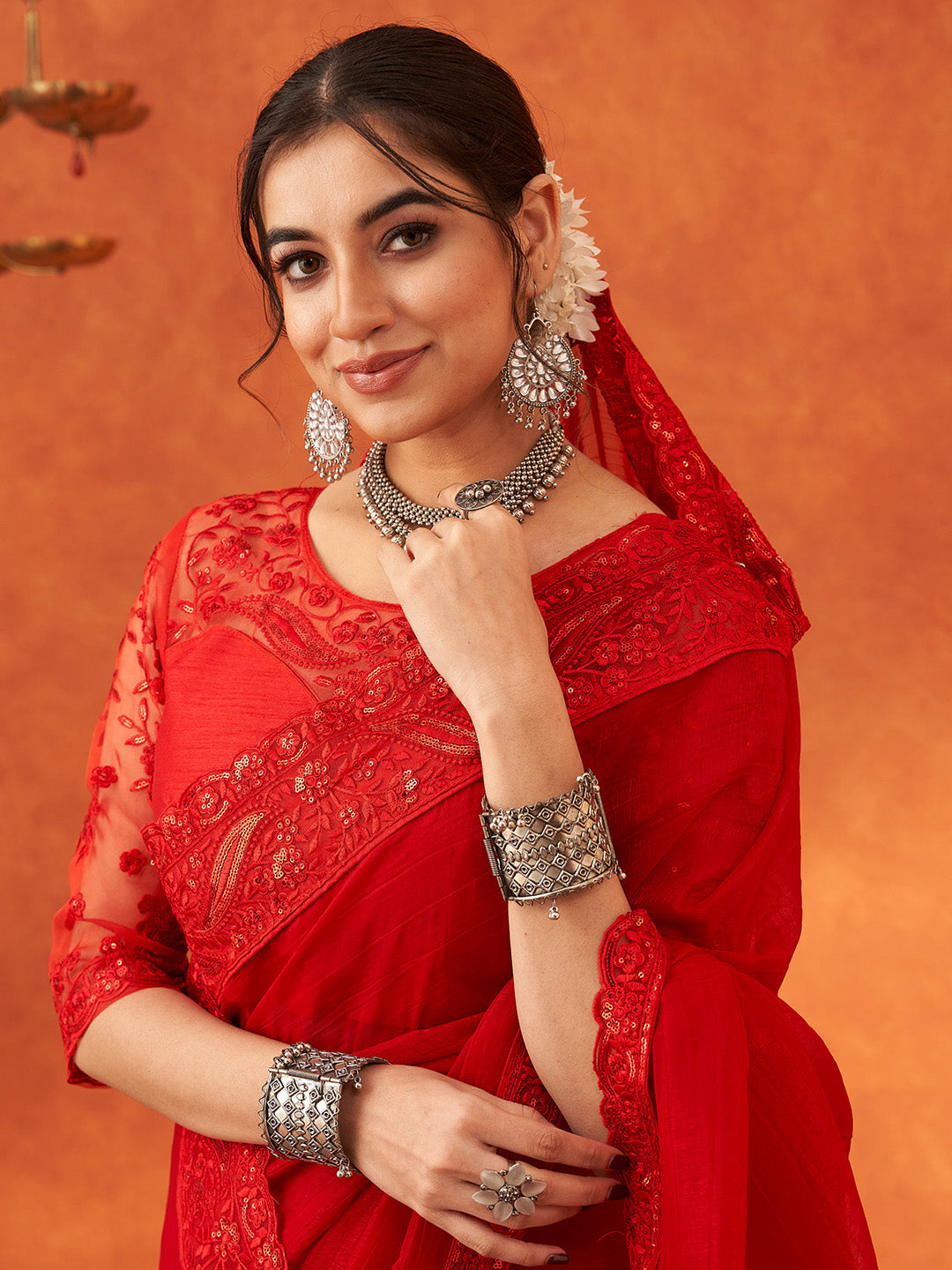 Women's Chiffon Red Embellished Designer Saree With Blouse Piece