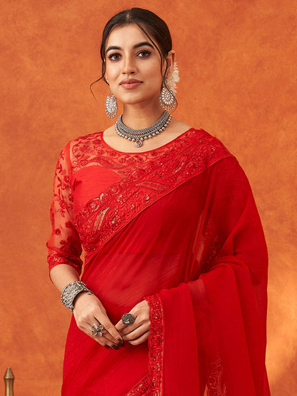 Women's Chiffon Red Embellished Designer Saree With Blouse Piece