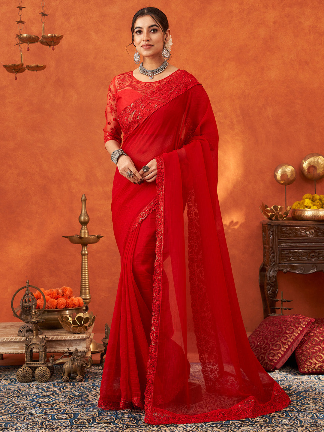 Women's Chiffon Red Embellished Designer Saree With Blouse Piece