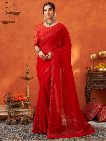 Women's Chiffon Red Embellished Designer Saree With Blouse Piece