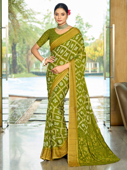 Women's Georgette Green Printed Designer Saree With Blouse Piece