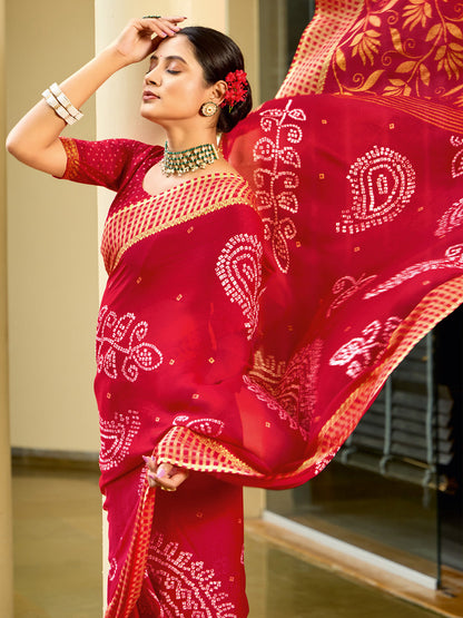 Women's Georgette Red Printed Designer Saree With Blouse Piece