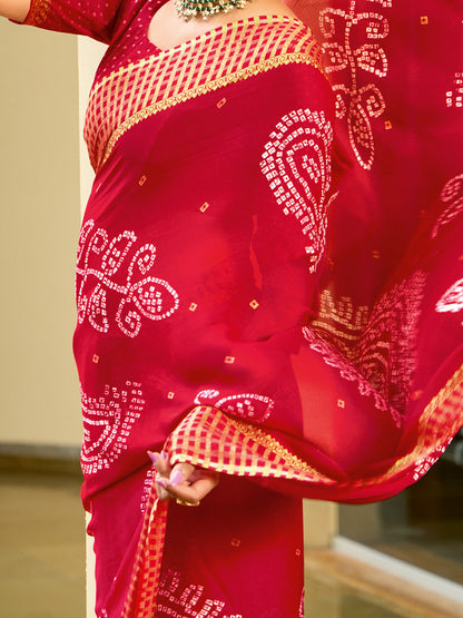 Women's Georgette Red Printed Designer Saree With Blouse Piece