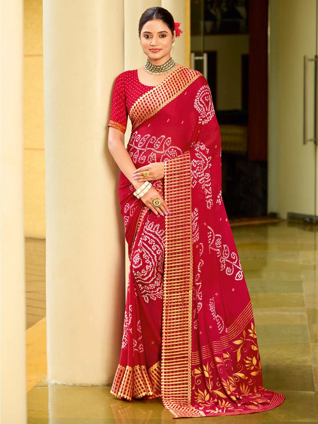 Women's Georgette Red Printed Designer Saree With Blouse Piece
