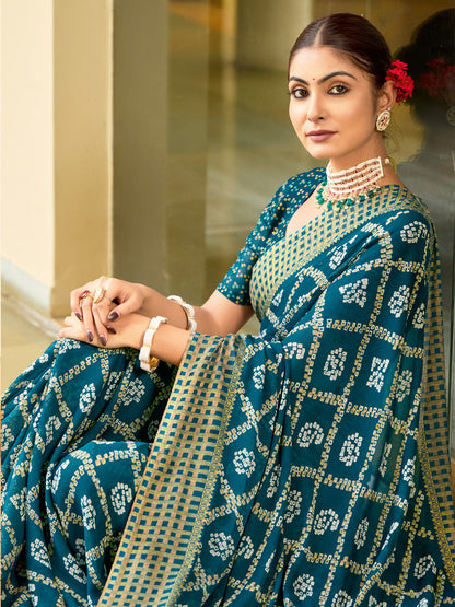 Women's Georgette Teal blue Printed Designer Saree With Blouse Piece