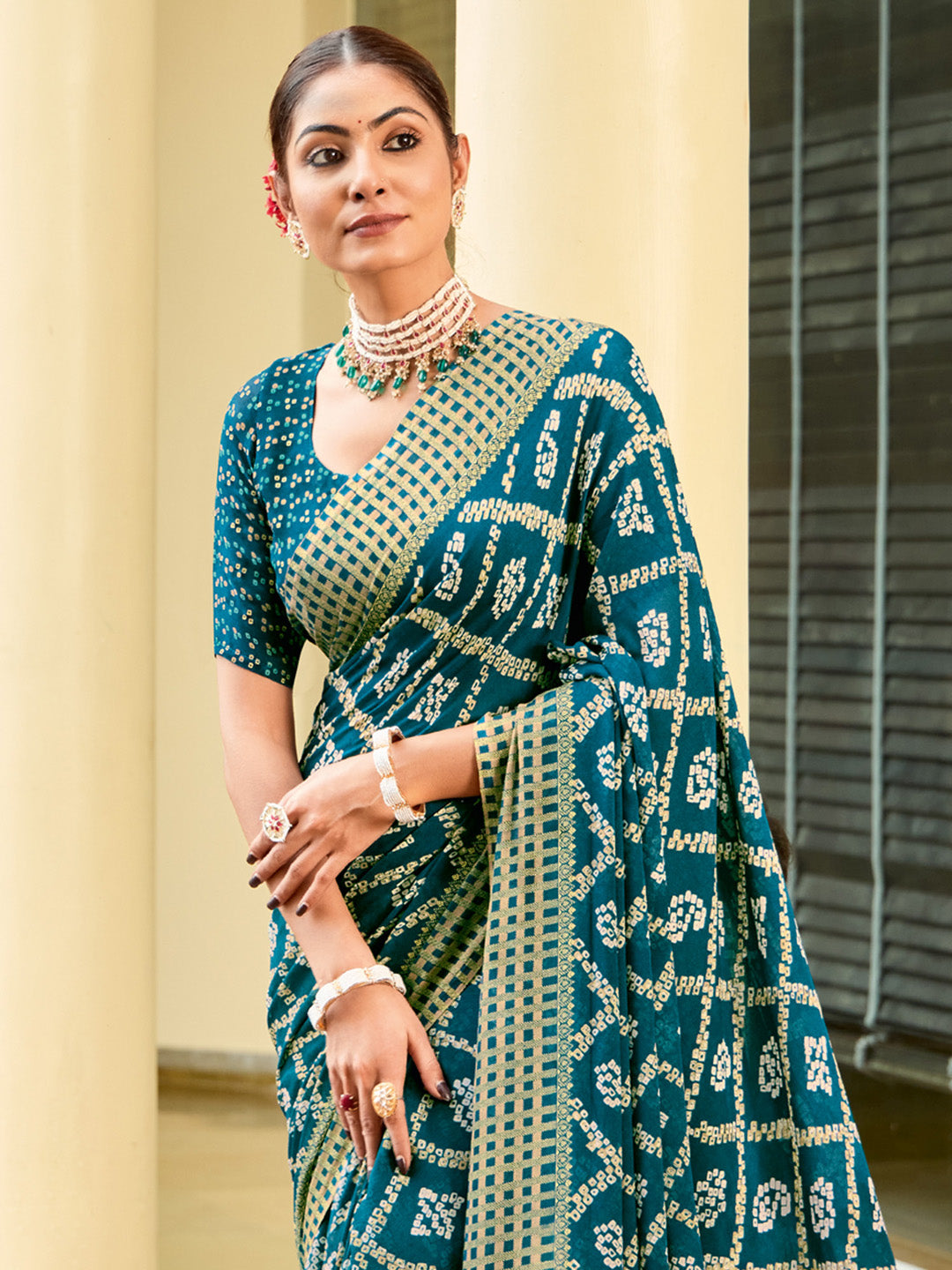 Women's Georgette Teal blue Printed Designer Saree With Blouse Piece