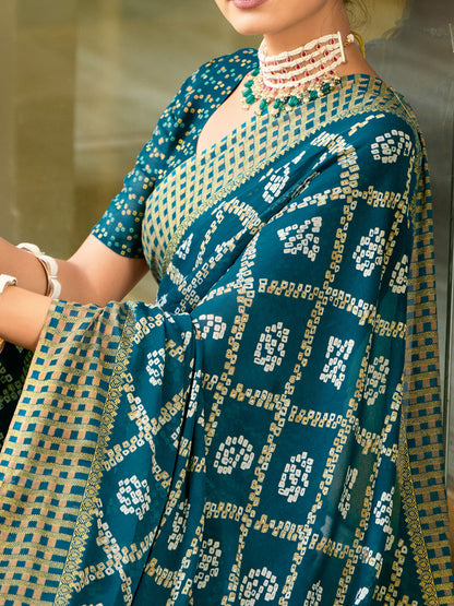 Women's Georgette Teal blue Printed Designer Saree With Blouse Piece