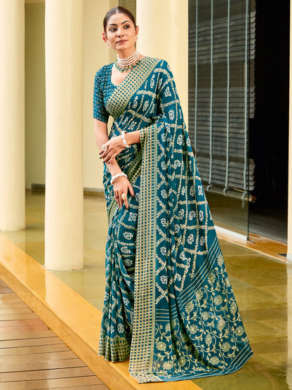 Women's Georgette Teal blue Printed Designer Saree With Blouse Piece