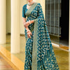 Women's Georgette Teal blue Printed Designer Saree With Blouse Piece