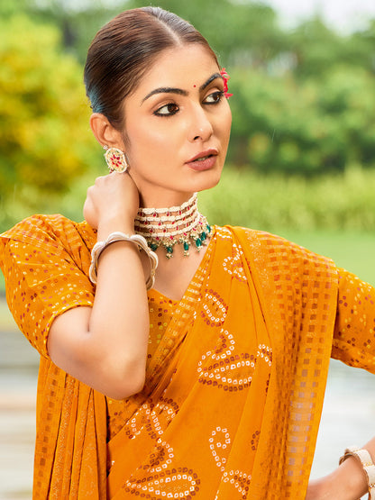 Women's Georgette Yellow Printed Designer Saree With Blouse Piece