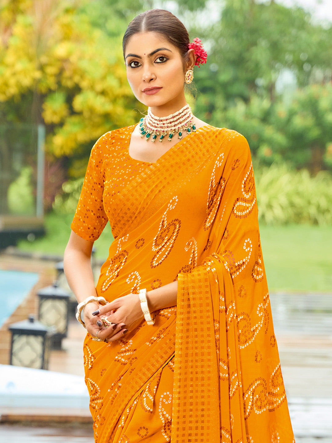 Women's Georgette Yellow Printed Designer Saree With Blouse Piece