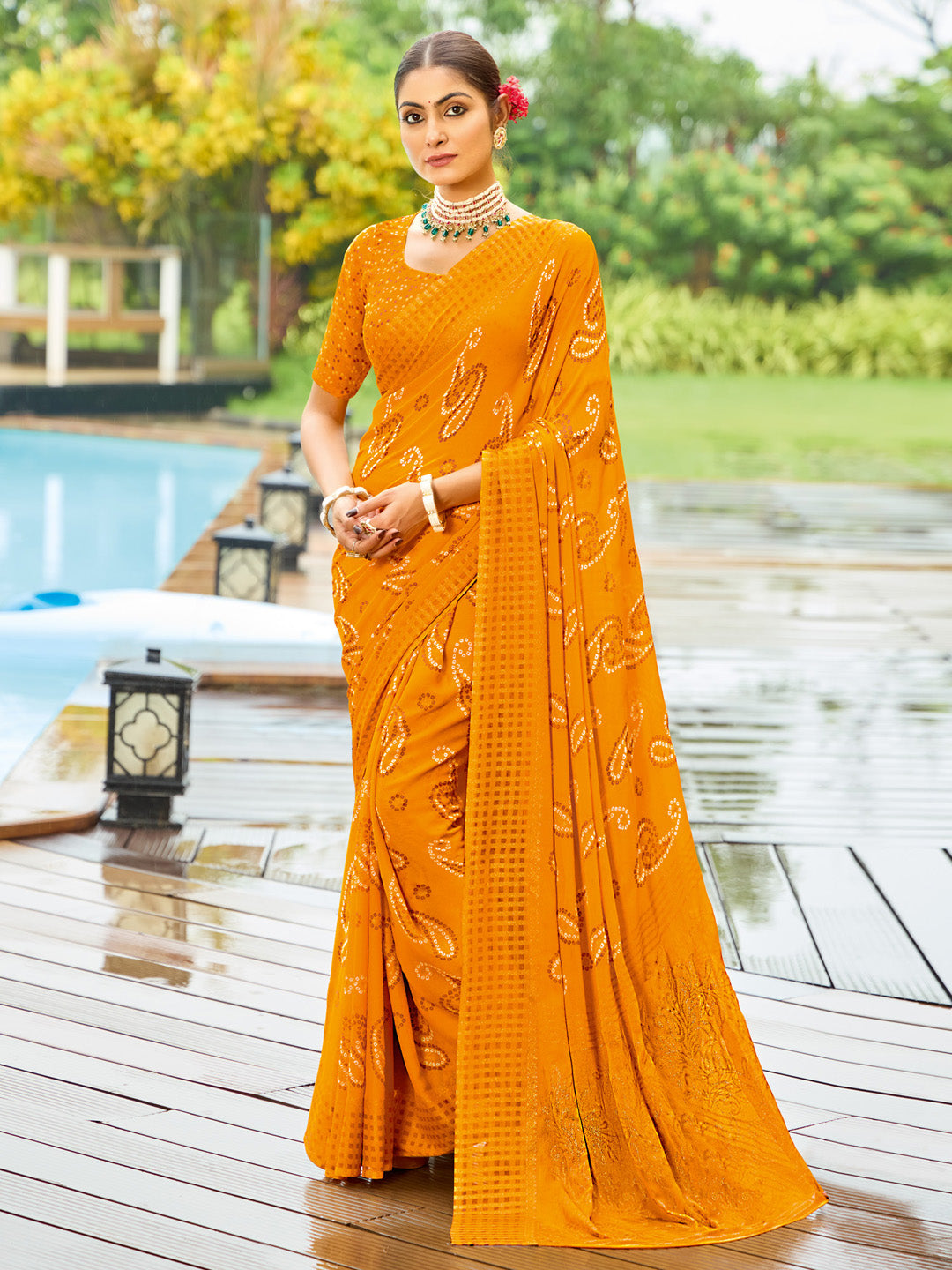 Women's Georgette Yellow Printed Designer Saree With Blouse Piece