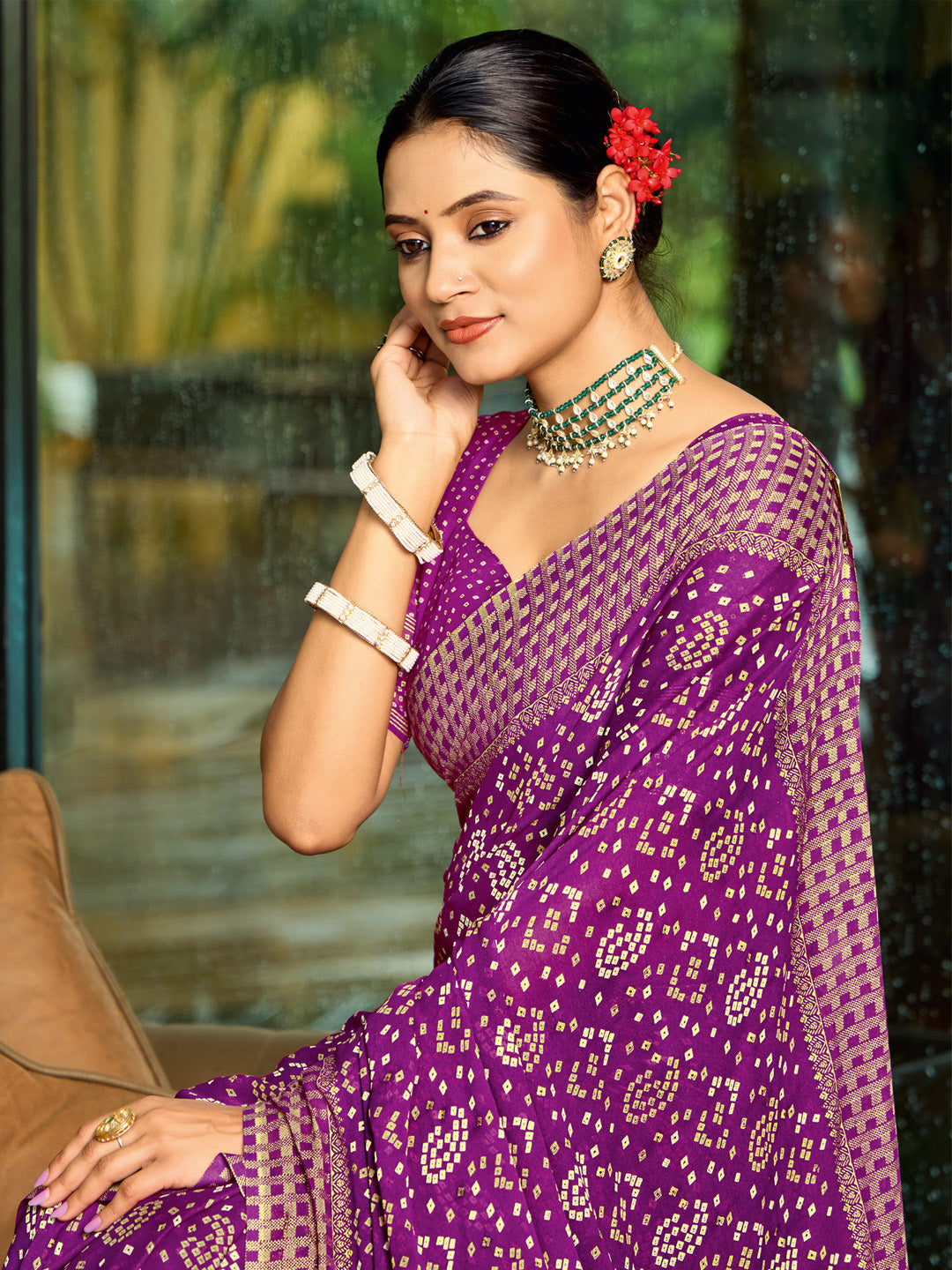 Women's Georgette Purple Printed Designer Saree With Blouse Piece