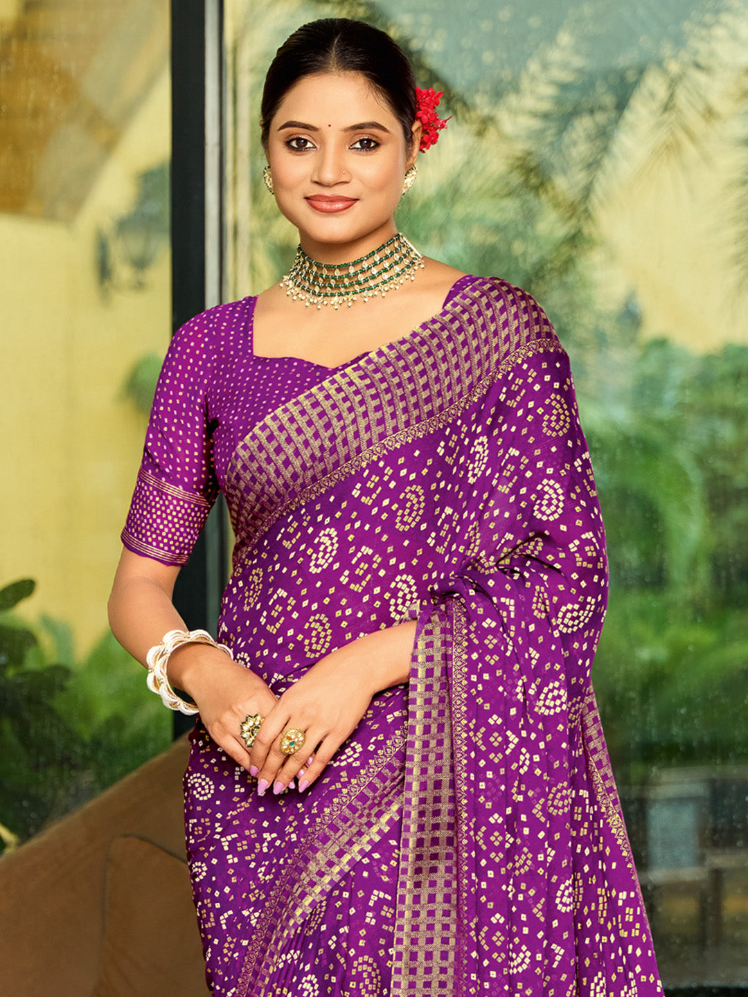 Women's Georgette Purple Printed Designer Saree With Blouse Piece