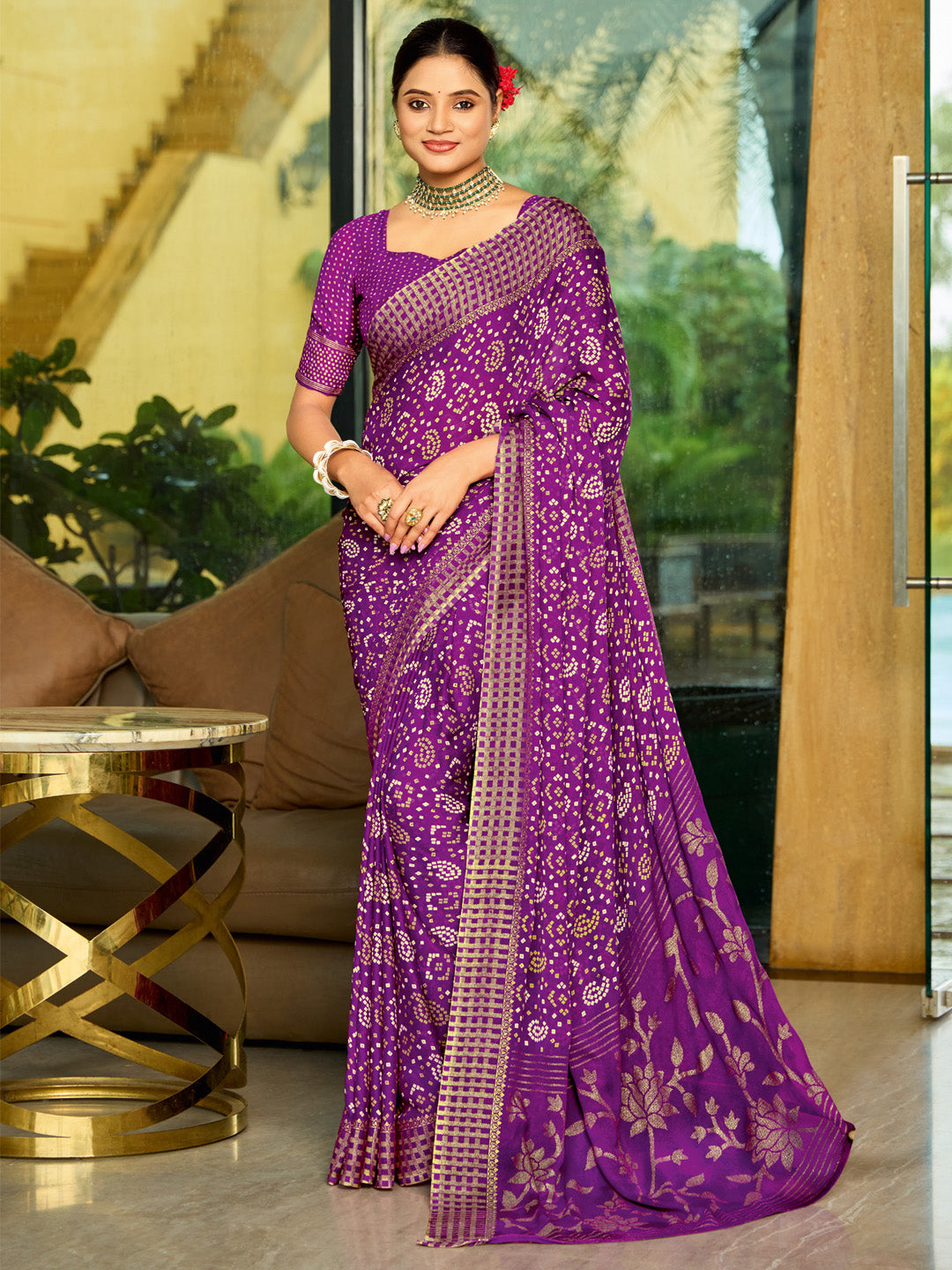 Women's Georgette Purple Printed Designer Saree With Blouse Piece