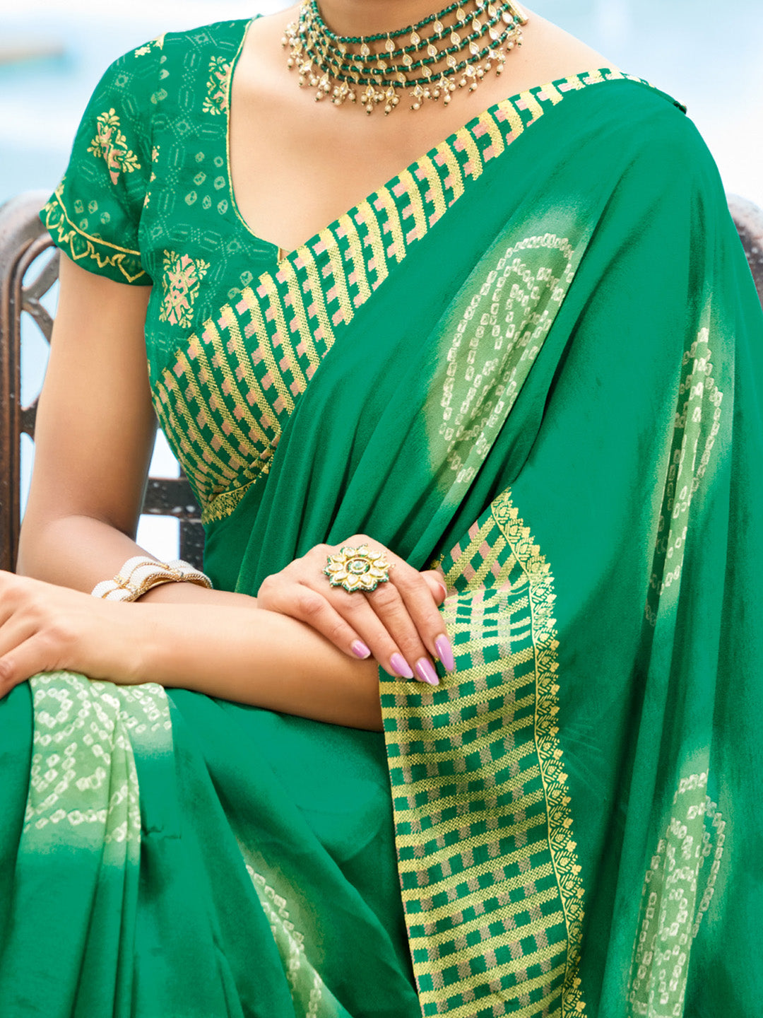 Women's Georgette Teal green Printed Designer Saree With Blouse Piece