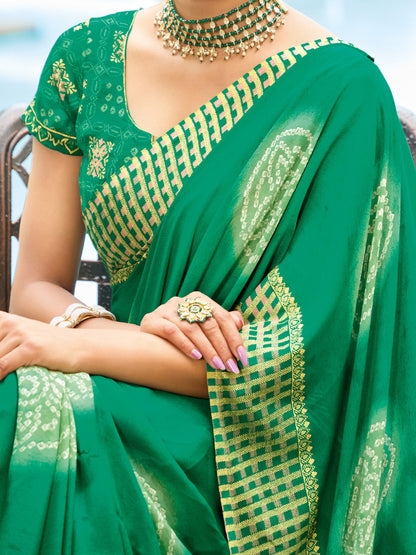 Women's Georgette Teal green Printed Designer Saree With Blouse Piece