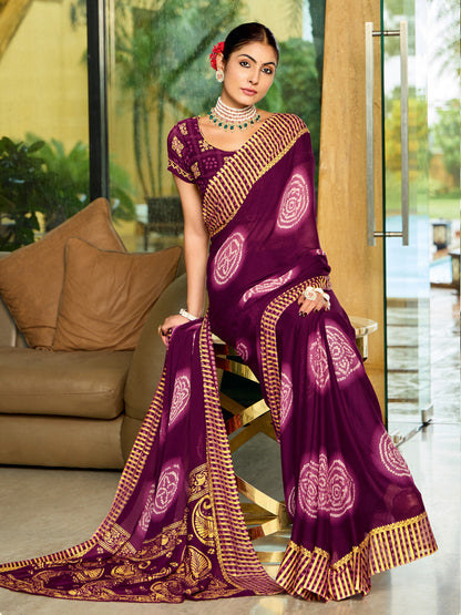 Women's Georgette Magenta Printed Designer Saree With Blouse Piece