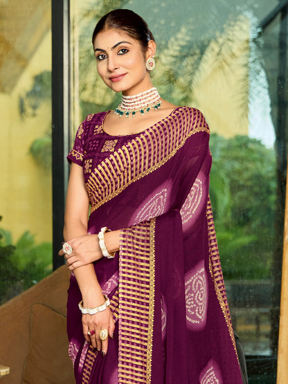 Women's Georgette Magenta Printed Designer Saree With Blouse Piece