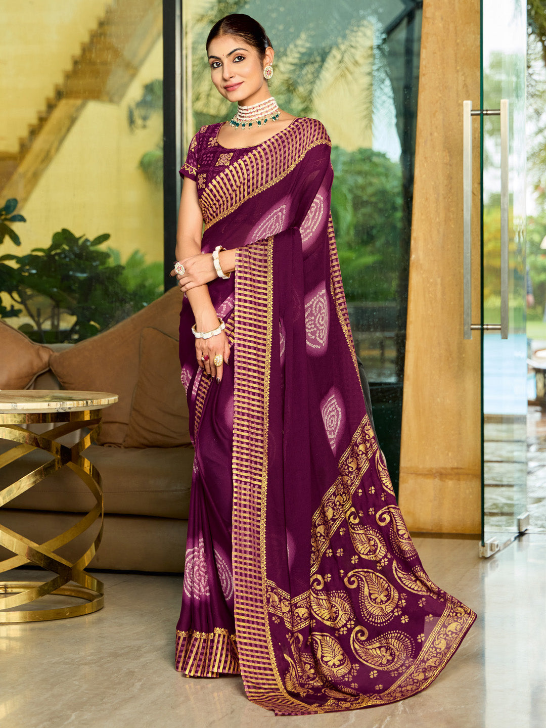 Women's Georgette Magenta Printed Designer Saree With Blouse Piece