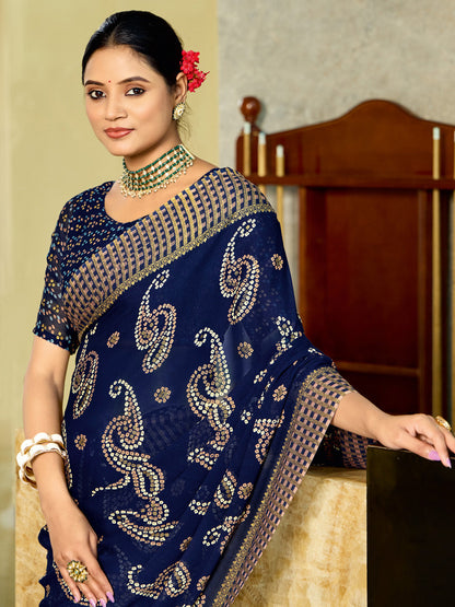 Women's Georgette Navy Blue Printed Designer Saree With Blouse Piece