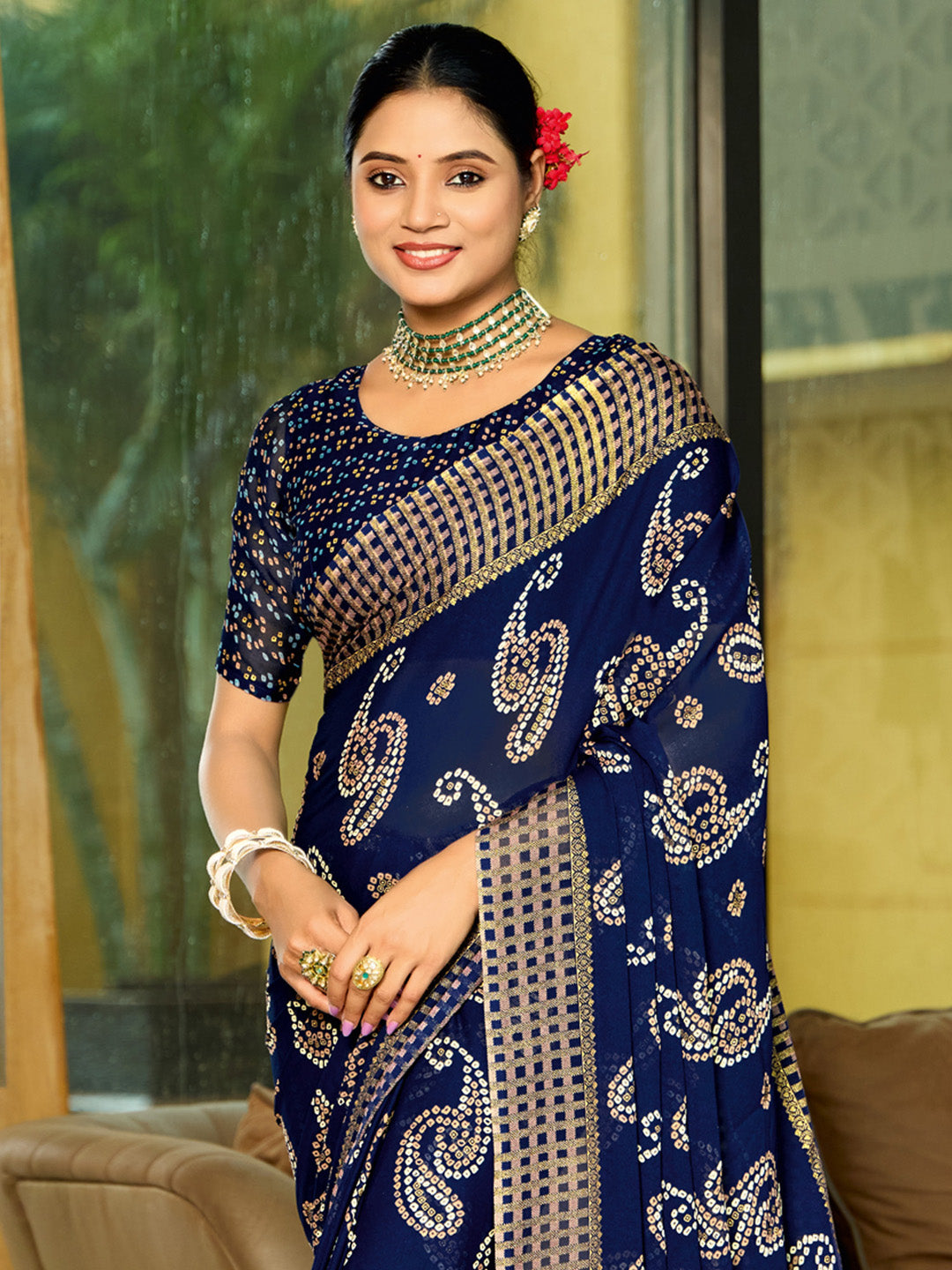 Women's Georgette Navy Blue Printed Designer Saree With Blouse Piece