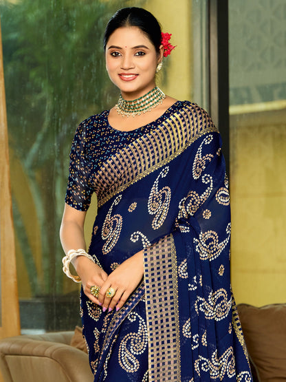 Women's Georgette Navy Blue Printed Designer Saree With Blouse Piece