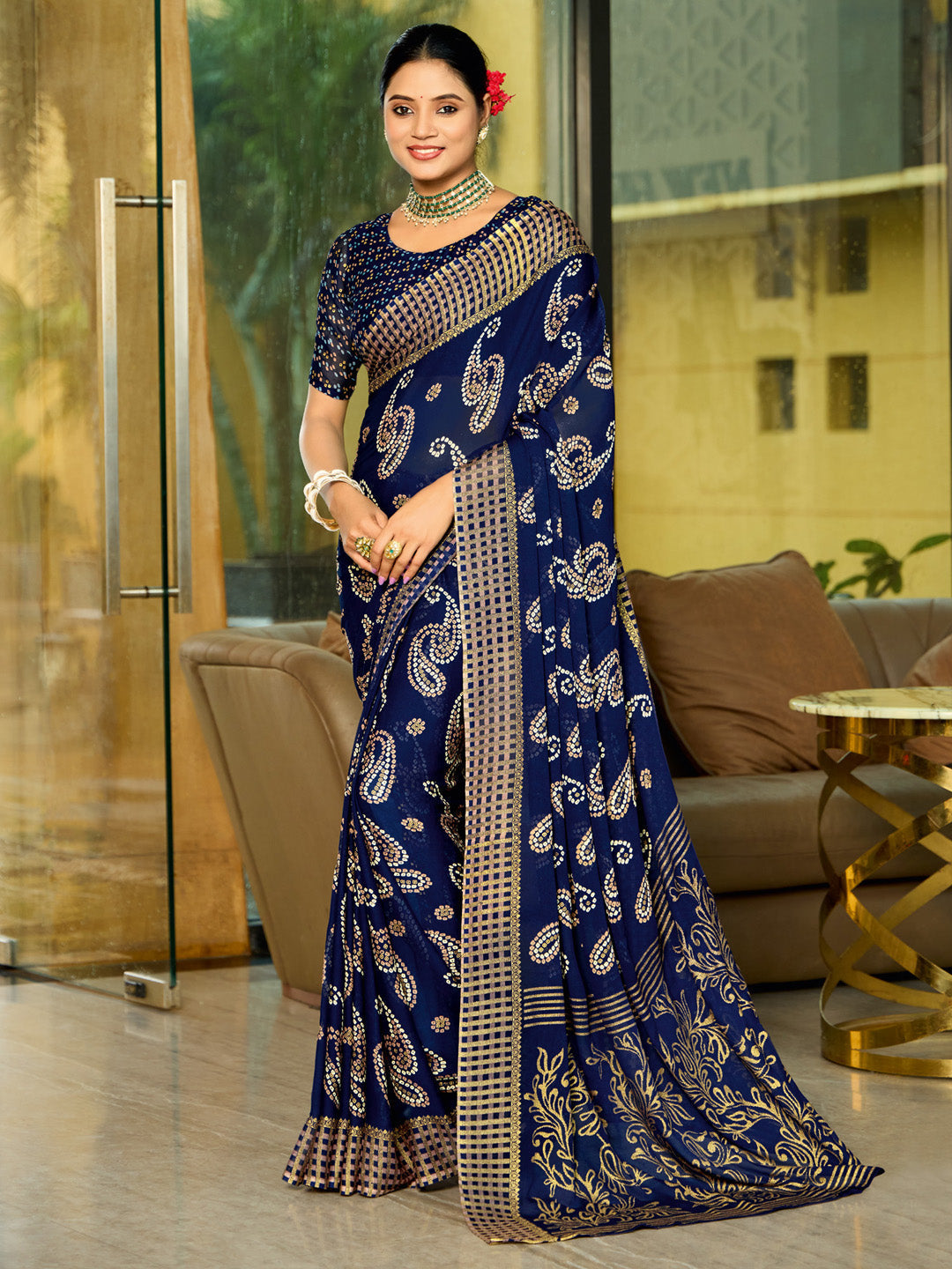 Women's Georgette Navy Blue Printed Designer Saree With Blouse Piece