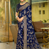 Women's Georgette Navy Blue Printed Designer Saree With Blouse Piece