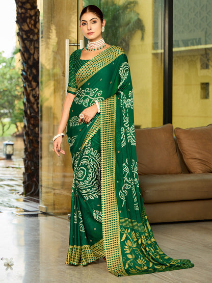 Women's Georgette Green Printed Designer Saree With Blouse Piece