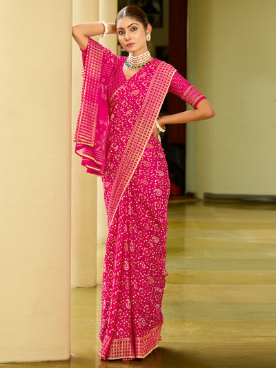 Women's Georgette Pink Printed Designer Saree With Blouse Piece