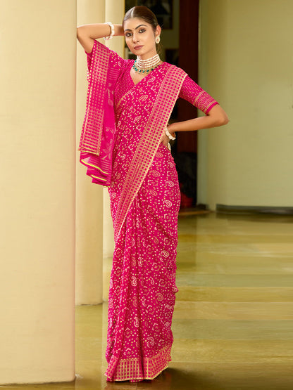 Women's Georgette Pink Printed Designer Saree With Blouse Piece