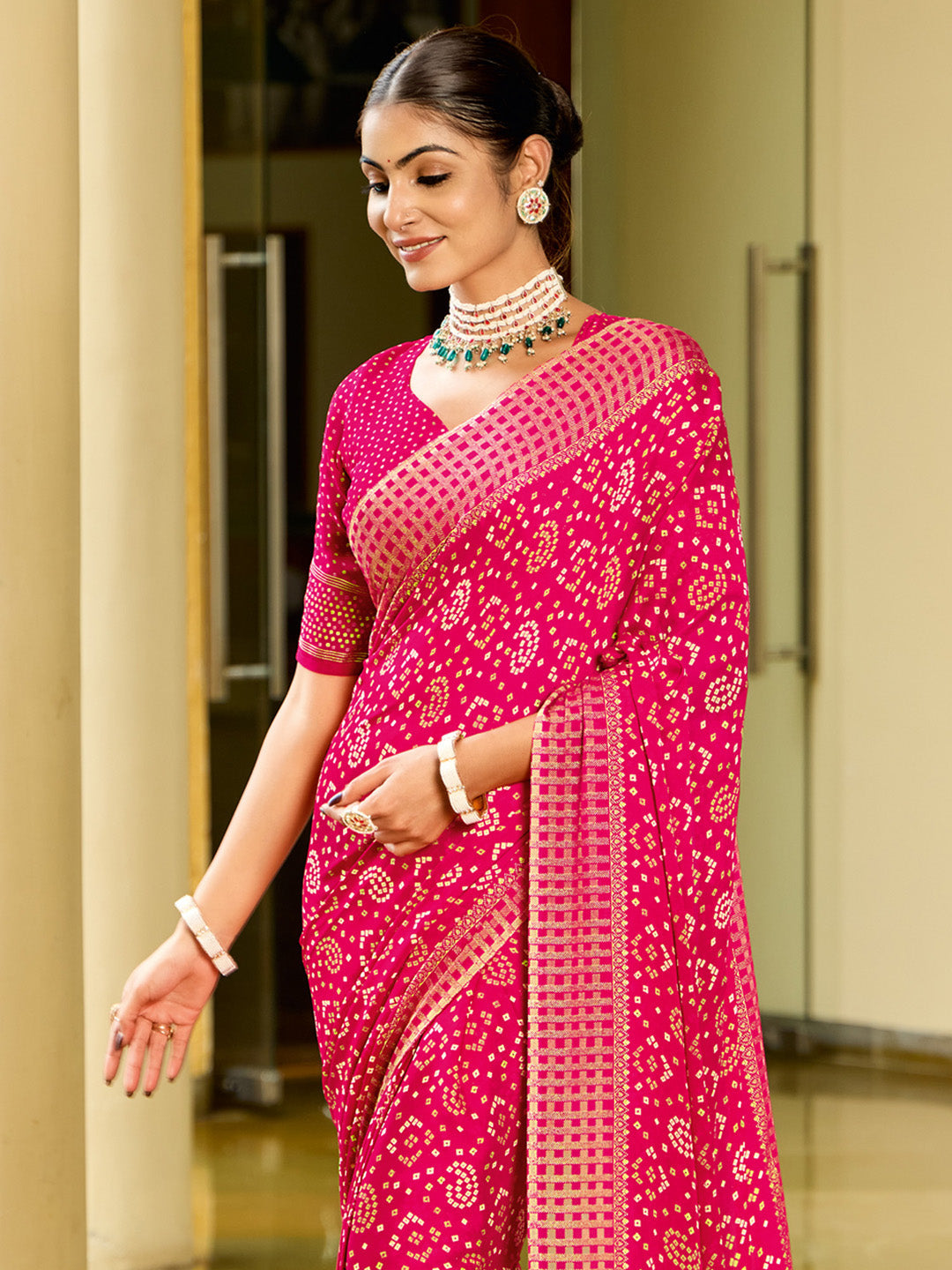 Women's Georgette Pink Printed Designer Saree With Blouse Piece