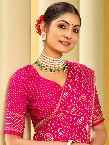 Women's Georgette Pink Printed Designer Saree With Blouse Piece