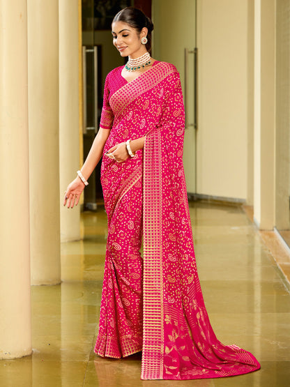 Women's Georgette Pink Printed Designer Saree With Blouse Piece