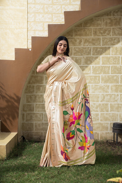 Indyancart GR Women's Antara Cream Paithani Soft Blended Silk Saree