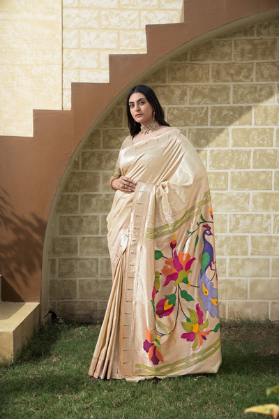 Indyancart GR Women's Antara Cream Paithani Soft Blended Silk Saree