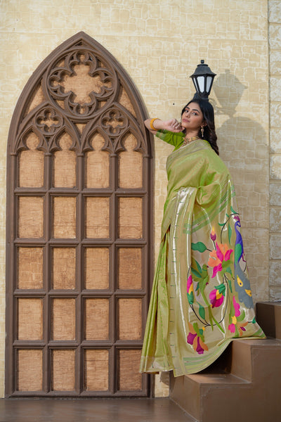 Indyancart GR Women's Antara Green Paithani Soft Blended Silk Saree