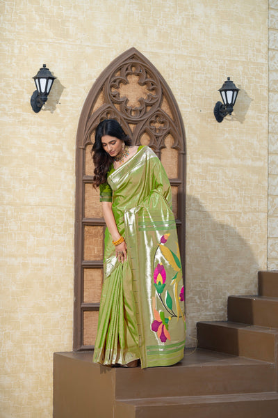 Indyancart GR Women's Antara Green Paithani Soft Blended Silk Saree