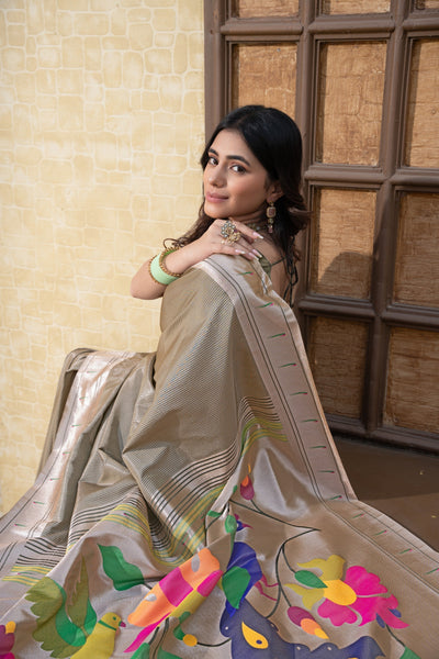 Indyancart GR Women's Antara Grey Paithani Soft Blended Silk Saree