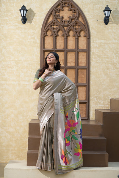 Indyancart GR Women's Antara Grey Paithani Soft Blended Silk Saree