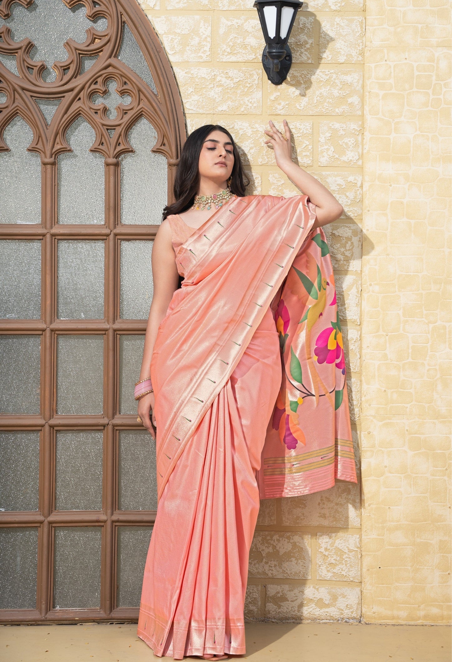 Dhiyona GR Women's Antara Peach Paithani Soft Blended Silk Saree