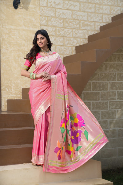 Indyancart GR Women's Antara Pink Paithani Soft Blended Silk Saree