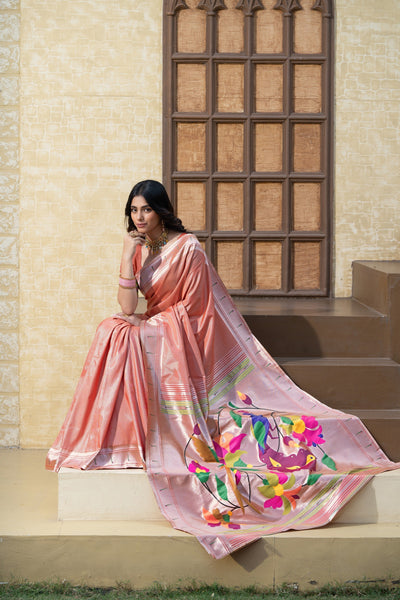 Indyancart GR Women's Antara Red Paithani Soft Blended Silk Saree