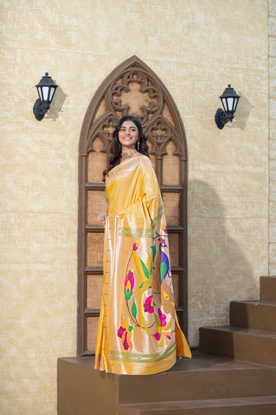 Indyancart GR Women's Antara Yellow Paithani Soft Blended Silk Saree