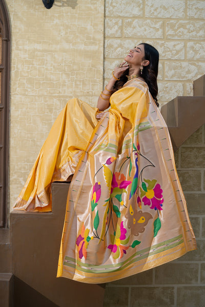 Indyancart GR Women's Antara Yellow Paithani Soft Blended Silk Saree