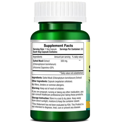 Morpheme Remedies Safed Musli capsules in a white bottle with capsules spilling out on a wooden surface.