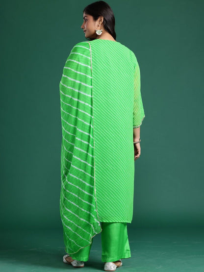 Indyancart Women's Leheriya Printed Regular Thread Work Kurta with Trousers & With Dupatta